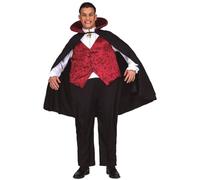 My Other Me - Disfraz Vampiro Hombre Adulto, talla M-L. Incluye mono bicolor con chaleco rojo, aro para volumen en la cintura y capa negra con cuello alto. Elegancia oscura para dominar la noche.