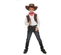 My Other Me - Disfraz Vaquero infantil unisex, talla 5-7 años. Incluye chaleco marrón tipo cuero, pañuelo rojo, sombrero, pistolera con pistola y placa de sheriff en forma de estrella.