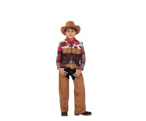 My Other Me - Disfraz Vaquero Niño, talla 3-4 años. Incluye pañuelo rojo, chaleco marrón con flecos y estampado de vaca, y cinturón. Pequeño cowboy cabalgando hacia el horizonte.