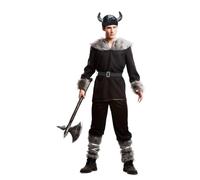 My Other Me - Disfraz Vikingo Hombre, talla S. Incluye casaca negra y calentadores con detalles de pelo gris, pantalón, cinturón y casco con cuernos. ¡Ideal para convertirte en un guerrero nórdico!