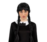 My Other Me - Peluca Miércoles con flequillo y trenzas para mujer adulto negra peso 245g. Aporta un aire misterioso perfecto para fiestas temáticas y sesiones de caracterización