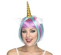 My Other Me - Peluca Unicornio con cuerno para mujer adulto azul y rosa peso 160 g. Un accesorio divertido para brillar en una fiesta de fantasía