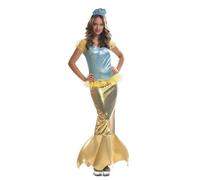 My Other Me - Disfraz de Sirenita para mujer Incluye diadema azul y vestido azul celeste con mangas doradas y cola dorada brillante. Para Carnaval, fiestas, cosplay y cumpleaños (M/L)