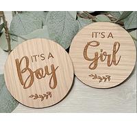 My Pretty Little Gifts It's a Girl and It's a Boy - Juego de 2 discos de madera para embarazo, revelación de género, anuncio de bebé, roble, 80 mm
