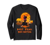 My Pug Rides Shotgun Dog and Witch Funny Halloween Manga Larga