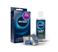 MY.SIZE Paquete de ahorro de con preservativos de 69 mm, paquete de 10 + lubricante natural de 100 ml + vela de masaje de