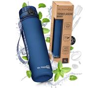 My Vesperbox Minny Botella infantil a prueba de fugas de 350, 500 o 750 ml, con pajilla o colador. Botella de agua ligera de tritano, sin bisfenol A, para guardería, escuela (1 L, azul oscuro)