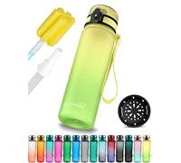 My Vesperbox Minny - Botella infantil a prueba de fugas de 350, 500 o 750 ml, con pajita o colador, ligera, de Tritan, sin bisfenol A, para guardería, escuela (500 ml, color amarillo-verde)
