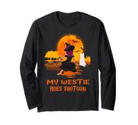 My Westie Rides Shotgun Dog Witch Funny Halloween Costume Manga Larga