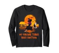 My Yorkshire Terrier Rides Shotgun Dog and Witch Halloween Manga Larga