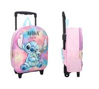Mybagstory - Mochila con ruedas 3D Stitch para niña - Rosa - Escuela - Guardería - Talla 32 cm - Correas ajustables - Ruedas - Azul/Rosa