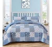 Mybedsoul Juego de colcha con diseño de retazos, tamaño California King, 3 piezas, diseño de cuadros y flores, reversible, microfibra para todo el año, 284 x 244 cm, azul