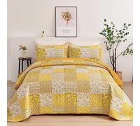 Mybedsoul Juego de edredón Bohemio Amarillo tamaño Queen, Juego de Colcha Floral a Cuadros de 3 Piezas, Juego de Ropa de Cama Reversible de Retazos, tamaño Queen, 90 x 96 Pulgadas