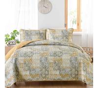 Mybedsoul Yellow Boho Quilt Set King Size 3 Pieces Grey and Yellow Plaid Floral Bedding Set Microfiber Lightweight Bohemian Patchwork Bedspread Coverlet Set for All Season 90"x104"