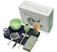 Mycketop Juego de 10 piezas con cuenco de cerámica, tazón de bambú, colador matcha, cucharadita, toalla de té, etc. - Juego completo para ceremonia del té japonesa - Regalo para los amantes del matcha