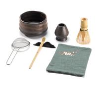 Mycketop Premium Matcha Set, 7 Piezas, cuenco de cerámica, batidor de bambú, tamiz de matcha, cuchara de té, paño de té, 2 soportes, juego completo para regalo de, Negro con Acento Dorado