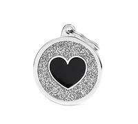 MyFamily - Medalla para perro personalizada, con forma de círculo, purpurina grande, gris y corazón negro, placa para perro con grabado gratuito, metal, colección Shine