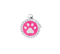 MyFamily - Medalla para perro personalizada con forma de pata de círculo de diamantes de imitación de fucsia, placa de perro con grabado gratuito, esmaltado a mano de metal, colección Glam