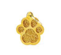 MyFamily - Medalla para perro personalizada, diseño de pata con purpurina grande, dorado, placa de perro con grabado gratuito, metal, colección Shine