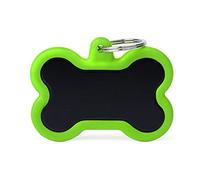 MyFamily - Medalla para perro personalizada en forma de hueso XL negro y verde, placa para perro con grabado libre, esmaltada a mano de aluminio y goma, colección Hushtag