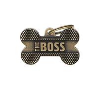 MyFamily - Placa para perro personalizada, con forma de hueso grande "The Boss", placa de perro con grabado gratis, latón inglés, colección Bronx, Latón,Mascota, ninguna.