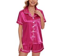 MyFav Conjunto de pijama de satén de seda para mujer, de manga corta, conjunto de pijama de dos piezas con botones, ropa de descanso S-2XL, rosa (b), S