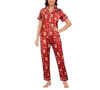 MyFav Conjunto de pijama de satén de seda para mujer, de manga corta, conjunto de pijama de dos piezas con botones, ropa de descanso S-2XL, Oso de Navidad, L