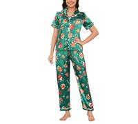 MyFav Conjunto de pijama de satén de seda para mujer, de manga corta, conjunto de pijama de dos piezas con botones, ropa de descanso S-2XL, Verde navideño, XS