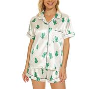 MyFav Conjunto de pijama de satén de seda para mujer, de manga corta, conjunto de pijama de dos piezas con botones, ropa de descanso S-2XL, Cactus, XS