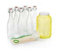 myFERMENTS - Kit de Elaboración de Bebidas Probióticas | Bote Grande de 4.25L | 6 Botellas de Vidrio con Cierre Hermético de 750 ml | Embudo y Muselina | Tarro Fermentación Kombucha y Kefir