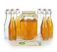 myFERMENTS - Kit Kombucha y Kefir | Bote Grande de 4 L | 6 Botellas de Vidrio con Cierre Hermético de 750 ml | Embudo y Muselina | para Todo Tipo de Bebidas Fermentadas