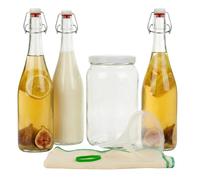 myFERMENTS - Kombucha y Kefir Kit | Tarro de Cristal 2L | 3 Botellas Herméticas 750 ml | Embudo y Muselina | Para Todo Tipo de Bebidas Probioticas | Vidrio