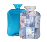 Myfsucce Bluepink - Botella de agua caliente de 2 litros con tapa, estampado floral de retazos, bolsa de agua caliente reutilizable de PVC para aliviar el dolor, calambres y calor (12.2 x 8 pulgadas)