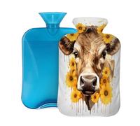 Myfsucce Bolsa de agua caliente de 2 litros con cubierta artística de girasol y vaca con estampado animal, bolsa de agua caliente de PVC reutilizable para aliviar el dolor, calambres y calor (12.2 x 8