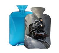 Myfsucce Bolsa de agua caliente de 2 litros con cubierta con estampado de tren de vapor de bosque, bolsa de agua caliente de PVC reutilizable para aliviar el dolor, calambres y calor (12.2 x 8