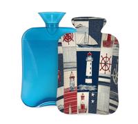 Myfsucce Bolsa de agua caliente de 2 litros con funda con estampado náutico de retazos, bolsa de agua caliente de PVC reutilizable para aliviar el dolor, calambres y calor (12.2 x 8 pulgadas)