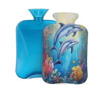 Myfsucce Bolsa de agua caliente de 2 litros con tapa, estampado de delfines marinos y océanos, bolsa de agua caliente reutilizable de PVC para aliviar el dolor, calambres y calor (12.2 x 8 pulgadas)