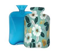 Myfsucce Bolsa de agua caliente de 2 litros con tapa, estampado de flores blancas y turquesa, bolsa de agua caliente reutilizable de PVC para aliviar el dolor, calambres y calor (12.2 x 8 pulgadas)