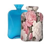 Myfsucce Bolsa de agua caliente de 2 litros con tapa, estampado de flores rosas rosas y blancas, bolsa de agua caliente reutilizable de PVC para aliviar el dolor, calambres y calor (12.2 x 8 pulgadas)