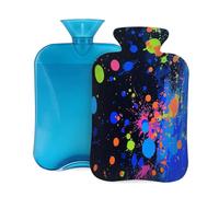Myfsucce Botella de agua caliente de 2 litros con cubierta colorida impresión de salpicaduras, bolsa de agua caliente reutilizable de PVC para aliviar el dolor, calambres y calor (12.2 x 8 pulgadas)