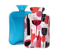 Myfsucce Botella de agua caliente de 2 litros con cubierta con estampado abstracto de copas de vino, bolsa de agua caliente de PVC reutilizable para aliviar el dolor, calambres y calor (12.2 x 8