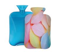 Myfsucce Botella de agua caliente de 2 litros con cubierta, estampado de gotas de agua de hojas coloridas, bolsa de agua caliente de PVC reutilizable para aliviar el dolor, calambres y calor (12.2 x 8