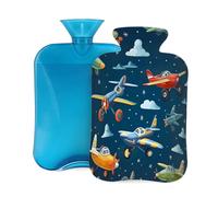 Myfsucce Botella de agua caliente de 2 litros con cubierta, impresión de aviones de dibujos animados, bolsa de agua caliente de PVC reutilizable para aliviar el dolor, calambres y calor (12.2 x 8