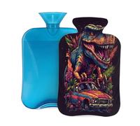 Myfsucce Botella de agua caliente de 2 litros con funda de dinosaurio colorido impreso, bolsa de agua caliente reutilizable de PVC para aliviar el dolor, calambres y calor (12.2 x 8 pulgadas)