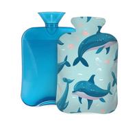Myfsucce Botella de agua caliente de 2 litros con funda, estampado de delfines y animales marinos de dibujos animados, bolsa de agua caliente de PVC reutilizable para aliviar el dolor, calambres y