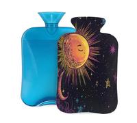 Myfsucce Botella de agua caliente de 2 litros con funda, estampado de estrellas y sol, luna, reutilizable, de PVC, para alivio del dolor, calambres y calor (12.2 x 8 pulgadas)