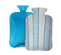 Myfsucce Botella de agua caliente de 2 litros con funda, estampado de madera azul y blanco, bolsa de agua caliente de PVC reutilizable para aliviar el dolor, calambres y calor (12.2 x 8 pulgadas)