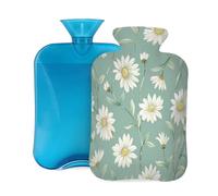 Myfsucce Botella de agua caliente de 2 litros con funda, estampado de margaritas blancas, bolsa de agua caliente de PVC reutilizable para aliviar el dolor, calambres y calor (12.2 x 8 pulgadas)