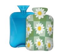 Myfsucce Botella de agua caliente de 2 litros con funda, estampado de margaritas blancas, bolsa de agua caliente reutilizable de PVC para aliviar el dolor, calambres y calor (12.2 x 8 pulgadas)