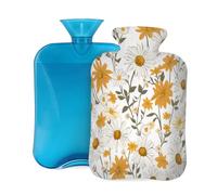Myfsucce Botella de agua caliente de 2 litros con funda, estampado de margaritas blancas y amarillas, bolsa de agua caliente de PVC reutilizable para aliviar el dolor, calambres y calor (12.2 x 8